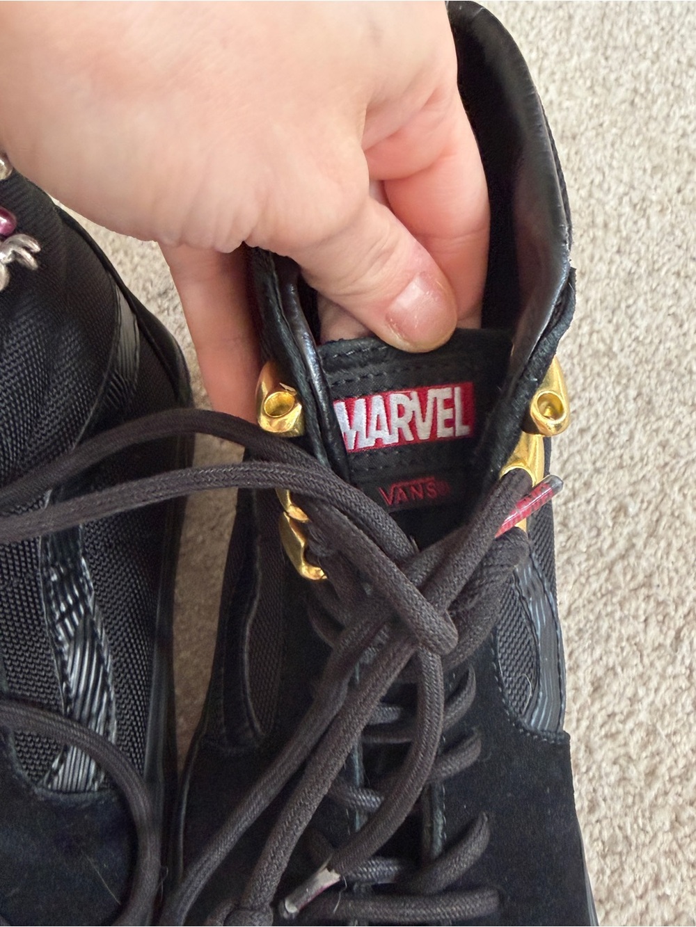 RARE Vans Black Panther Black High-Top Sneakers with Gold Eyelets and Red Logo
